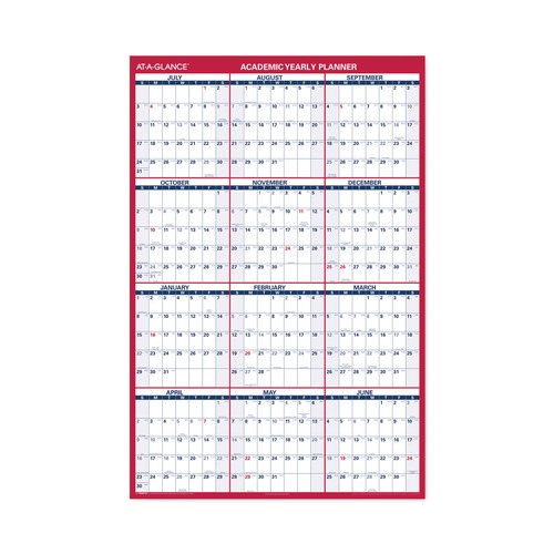 Bulletin Boards | AT-A-GLANCE PM36AP28 12 Month (July to June): 2024 to 2025 48 in. x 32 in. Academic Erasable Reversible Extra Large Wall Calendar - White/Blue/Red image number 0