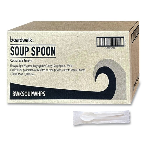 Cutlery | Boardwalk BWKSOUPWHPS Heavyweight Wrapped Polystyrene Soup Spoon Cutlery - White (1000/Carton) image number 0