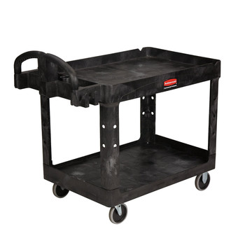 Rubbermaid Commercial FG452088BLA 25.9 in. x 45.2 in. x 32.2 in. 500 lbs. Capacity 2 Lipped Shelves Heavy-Duty Plastic Utility Cart - Black
