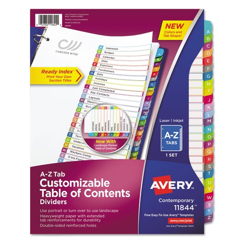 Dividers & Tabs | Avery 11844 Ready Index 11 in. x 8.5 in. 26-Tab A to Z Customizable TOC Dividers - White/Multicolor Tabs (1-Set) image number 0