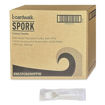 Boardwalk BWKSPORKWHPPIW Mediumweight Wrapped Polypropylene Spork Cutlery - White (1000/Carton)