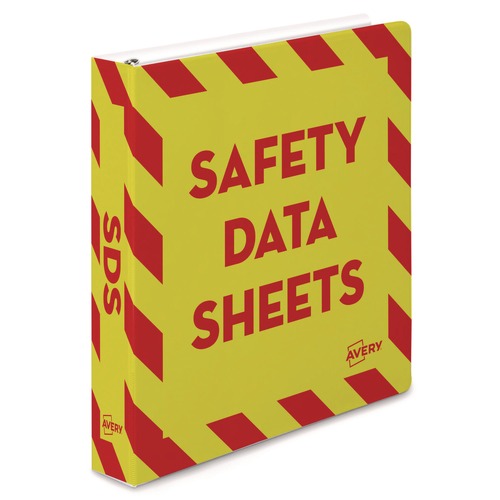 Binders | Avery 18950 11 in. x 8.5 in. 1.5 in. Capacity 3-Rings Heavy-Duty Preprinted Safety Data Sheet Binder - Yellow/Red image number 0
