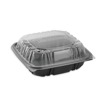 Pactiv Corp. DC757100B000 28 oz 7.5 x 7.5 x 3 EarthChoice Vented Dual Color Microwavable Plastic Hinged Lid Container - Black/Clear (150/Carton)
