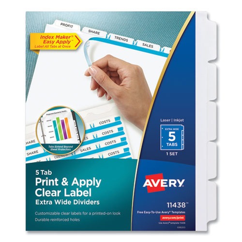 Back to School Sale | Avery 11438 Index Maker 11.25 in. x 9.25 in. 5-Tab Extra Wide Tab Print and Apply Clear Label Dividers - White/White Tabs (1-Set) image number 0