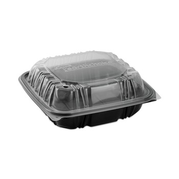 Pactiv Corp. DC858310B000 21 oz 3-Compartment EarthChoice Vented Dual Color Microwavable Hinged Lid Container - Black/Clear (150/Carton)