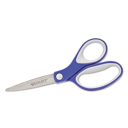 Arts & Crafts Supplies | Westcott 15553 7 in. Long 2.25 in. Cut Length KleenEarth Soft Handle Scissors - Straight Blue/Gray Handle image number 0