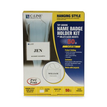 C-Line 96043 4 in. x 3 in. Top Load Elastic Cord Name Badge Kits - Clear (50/Box)