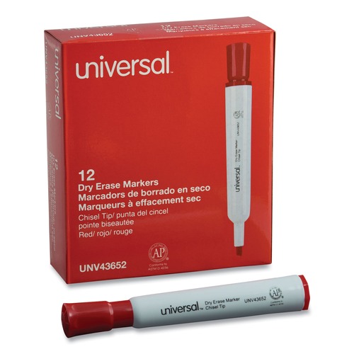 Washable Markers | Universal UNV43652 Broad Chisel Tip Dry Erase Marker - Red (1 Dozen) image number 0