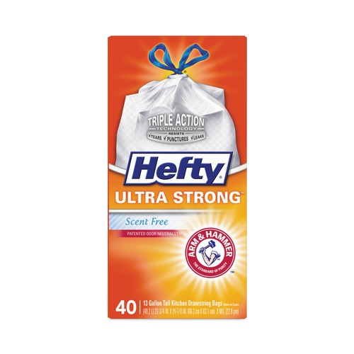Trash Bags | Hefty E88338 Ultra Strong 23.75 in. x 24.88 in. 13 gallon Drawstring Extra Heavy-Duty Tall Kitchen Trash Bags - White (40/Box) image number 0
