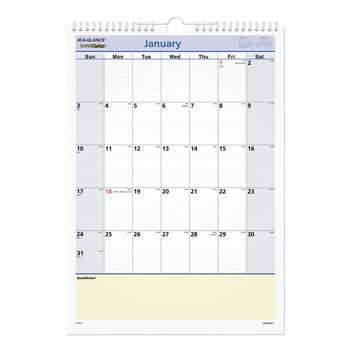 AT-A-GLANCE PM52-28 12 in. x 17 in. 12-Month (Jan-Dec 2026) QuickNotes Wall Calendar - White/Blue/Yellow Sheets