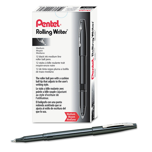 Pens | Pentel R100-A Rolling Writer Medium 0.8 millimeter Stick Rollerball Pen - Black Ink/Barrel (1-Dozen) image number 0