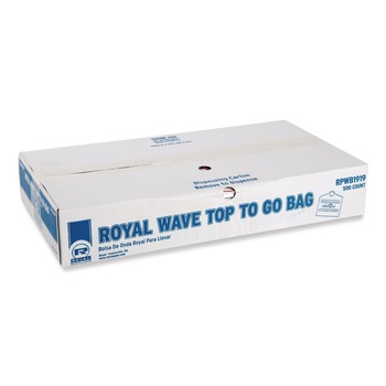  | AmerCareRoyal RPWB1919 19 in. x 9.5 in. x 19 in. Take-Out Labeling Cut-Out Handles Wave Top To-Go Bags - White/Blue/Red (500/Carton)
