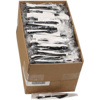 CUTLERY | Pactiv Corp. GKFKNECH Individually Wrapped Heavyweight Plastic Gardenware Cutlery Fork/Knife/Napkin Kit - Black (500/Carton)