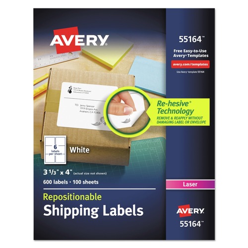 Labels | Avery 55164 3.33 in. x 4 in. Repositionable Shipping Labels with Sure Feed for Laser Printers - White (100/Box) image number 0
