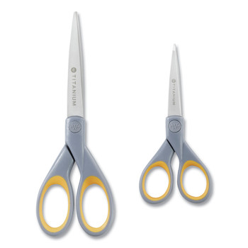 Westcott 13824 5 in. and 7 in. Long 2.25 in. and 3.5 in. Cut Length Titanium Bonded Scissors - Straight Gray/Yellow Handle (2/Pack)