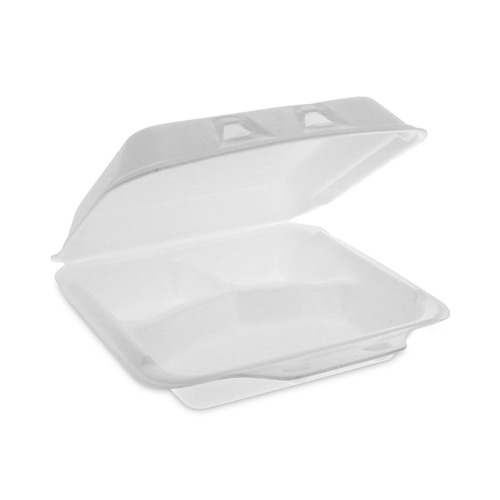 Food Trays, Containers, and Lids | Pactiv Corp. YHLW07030000 SmartLock 7.5 in. x 8 in. x 2.63 in. Foam Hinged Lid 3-Compartment Container - White (150/Carton) image number 0