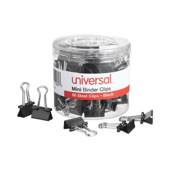 Universal UNV11060 Binder Clips with Storage Tub - Mini, Black/Silver (60/Pack)