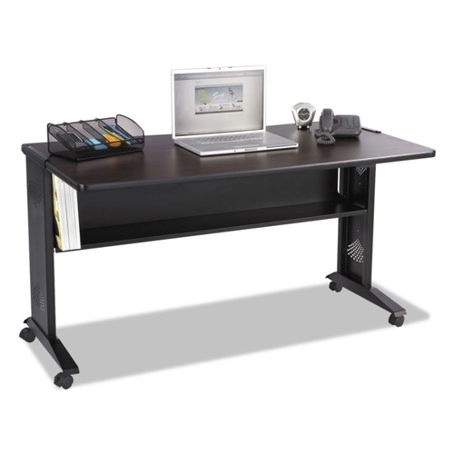 Office Desks & Workstations | Safco 1933 53.5 in. x 28 in. x 30 in. Mobile Computer Desk with Reversible Top - Mahogany/Medium Oak/Black image number 0