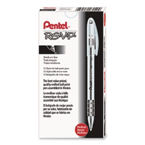 Pens | Pentel BK91-A Stick Medium 1 mm R.S.V.P. Ballpoint Pen - Black Ink, Clear/Black Barrel (1-Dozen) image number 0