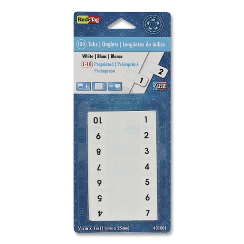 Dividers & Tabs | Redi-Tag B31001 0.44 in. Wide 1/12-Cut 1 to 10 Preprinted Numeric Legal Index Tabs - White (104/Pack) image number 0