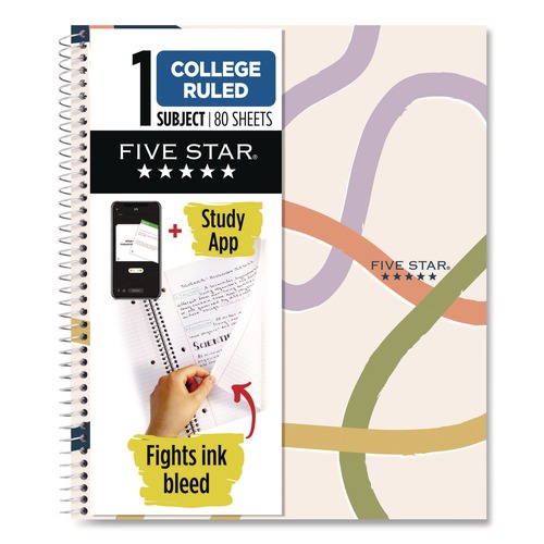 Notebooks & Pads | Five Star 820233F Simple Waves Organic Lines Notebook with Study App, 1-Subject, Med/College Rule, Assorted Cover Color (80) 11 x 8.5 Sheets image number 0