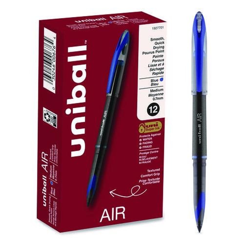 Pens | uni-ball 1927701 AIR Medium 0.7 mm Stick Porous Roller Ball Pen - Blue Ink Black/Blue Barrel (1-Dozen) image number 0