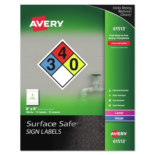 Labels | Avery 61513 Surface Safe 8 in. x 8 in. Inkjet/Laser Printers Removable Label Safety Signs - White (15/Pack) image number 0