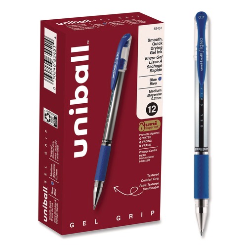 Pens | uni-ball 65451 Signo GRIP 0.7 mm Stick Gel Pen - Blue Ink/Clear/Blue/Silver Barrel/Medium (1-Dozen) image number 0