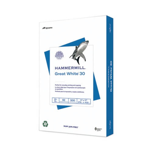 Copy & Printer Paper | Hammermill 86750 Great White 30 92 Bright 3 Hole 20 lbs. 11 in. x 17 in. Recycled Print Paper - White (500/Ream) image number 0