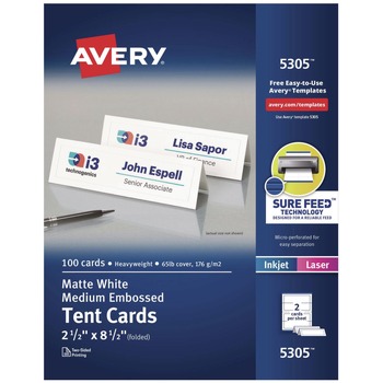 Avery 05305 8.5 in. x 2.5 in. Medium Embossed Tent Cards - White (2 Cards/Sheet, 50 Sheets/Box)