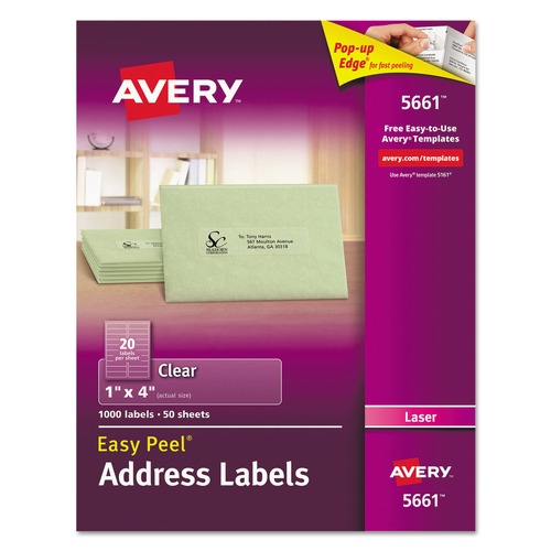 Labels | Avery 05661 Easy Peel 1 in. x 4 in. Mailing Labels with Sure Feed - Matte Clear (20-Piece/Sheet, 50 Sheets/Box) image number 0