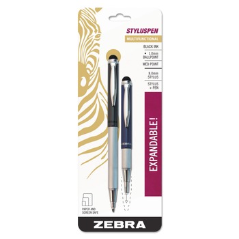 Zebra 33602 StylusPen Medium 1 millimeter Retractable Telescopic Ballpoint Pen/Stylus - Black Ink/Blue/Gray Barrel (2/Pack)