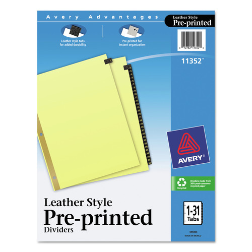 Just Launched | Avery 11352 11 in. x 8.5 in. 31-Tab Preprinted Leather 1 to 31 Tab Dividers with Gold Reinforced Edge - Black/Buff (1-Set) image number 0