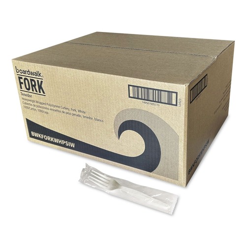 Cutlery | Boardwalk BWKFORKWHPSIW Heavyweight Wrapped Polystyrene Plastic Fork Cutlery - White (1000/Carton) image number 0
