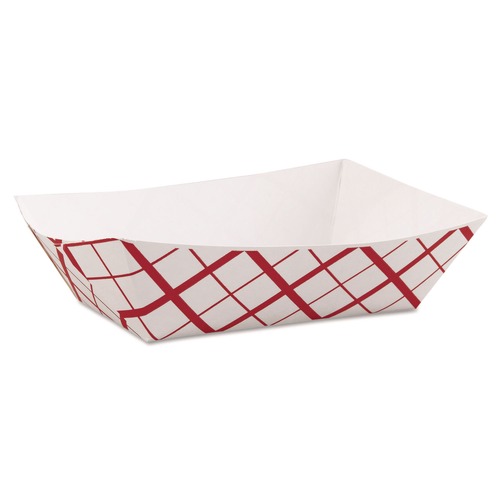 Food Trays, Containers, and Lids | SCT SCH 0425 7.2 in. x 4.95 in. x 1.94 in. 3 lbs. Capacity Paper Food Baskets - Red/White (500/Carton) image number 0
