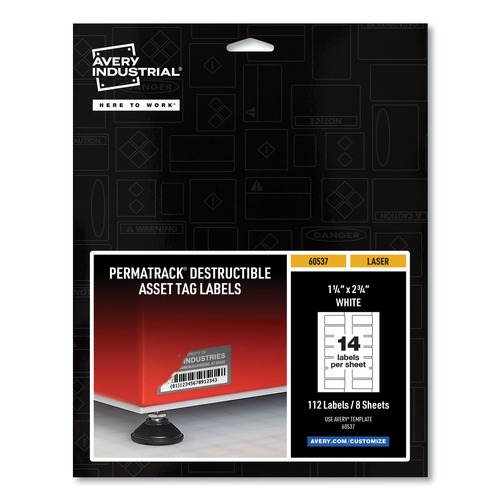 Labels | Avery 60537 PermaTrack 1.25 in. x 2.75 in. Laser Printers Destructible Asset Tag Labels - White (112/Pack) image number 0