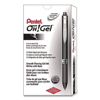 Pentel K497-A 0.7 mm Oh Medium Retractable Gel Pen - Black Ink/Black Barrel (1-Dozen)