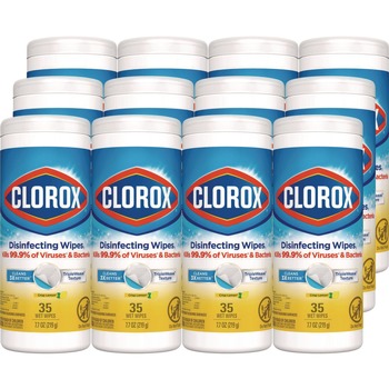 Clorox 01594 7 in. x 8 in. 1-Ply Disinfecting Wipes - Crisp Lemon, White (35/Canister, 12 Canisters/Carton)