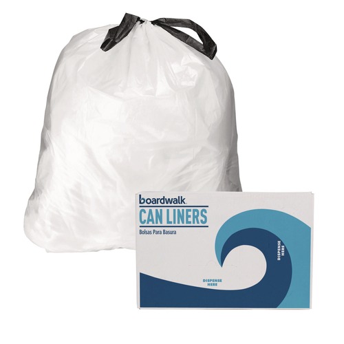 Trash Bags | Boardwalk BWK1DK100 13 Gallon 24 in. x 28 in. Drawstring Kitchen Bags - White (50 Bags/Roll, 2 Rolls/Carton) image number 0