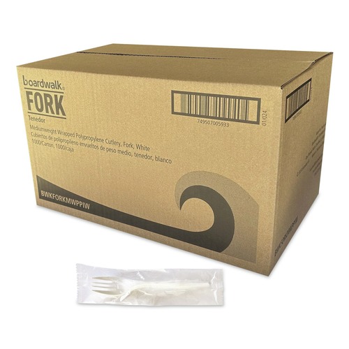 Cutlery | Boardwalk BWKFORKMWPPIW 5.51 in. Mediumweight Wrapped Polypropylene Fork Cutlery - White (1000/Carton) image number 0