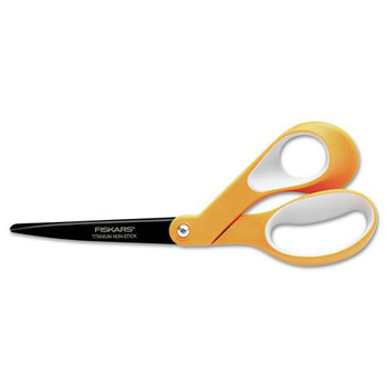 Fiskars 153900-1006 8 in. Long 3.1 in. Cut Length Premier Non-Stick Titanium Softgrip Scissors - Offset Orange/Gray Handle