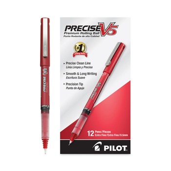 Pilot 35336 Precise V5 Extra-Fine 0.5 millimeter Stick Rollerball Pen - Red Ink/Red/Clear Barrel (1-Dozen)
