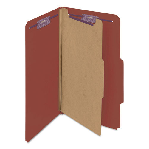 File Folders | Smead 18775 Four SafeSHIELD Fasteners 2/5-Cut Tabs 1 Divider Legal Size Pressboard Classification Folders - Red (10/Box) image number 0