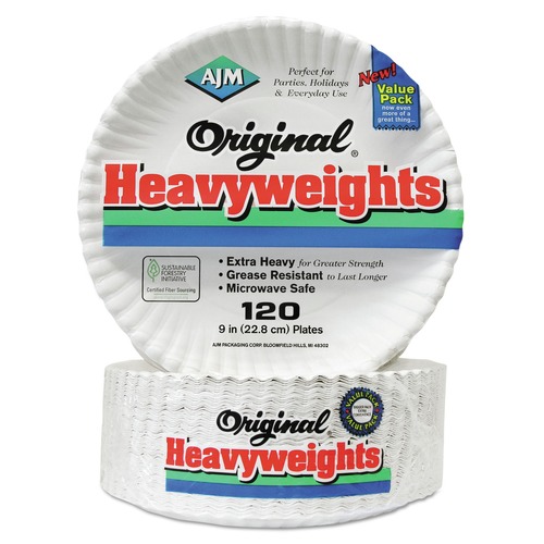 Bowls and Plates | AJM Packaging Corporation AJM OH9AJBXWH 9 in. Diameter Original Heavyweights Paper Plates - White (120/Pack, 8 Packs/Carton) image number 0
