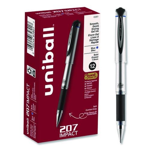 Pens | uni-ball 65801 207 Impact 1 mm Stick Gel Pen - Blue Ink/Silver/Black/Blue Barrel/Bold (1-Dozen) image number 0