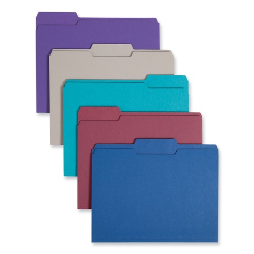 File Folders | Smead 11948 1/3-Cut Tabs Assorted Letter Size 0.75 in. Expansion Colored File Folders - Assorted: Gray/Maroon/Navy/Purple/Teal (100/Box) image number 0