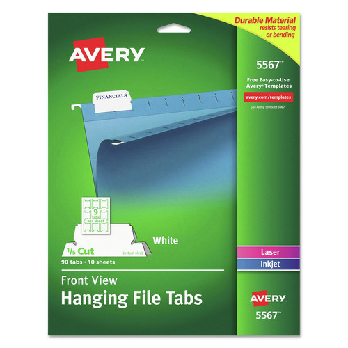 Dividers & Tabs | Avery 05567 2.06 in. Wide 1/5-Cut Laser Printable Hanging File Tabs - White (90/Pack) image number 0