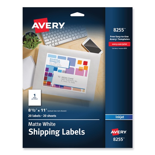 Labels | Avery 08255 8.5 in. x 11 in. Full-Sheet Vibrant Inkjet Color-Print Labels - Matte White (20/Pack) image number 0