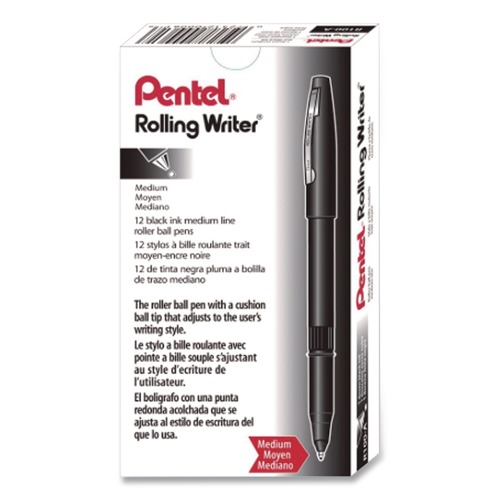 Pens | Pentel R100-A Rolling Writer Medium 0.8 millimeter Stick Rollerball Pen - Black Ink/Barrel (1-Dozen) image number 0