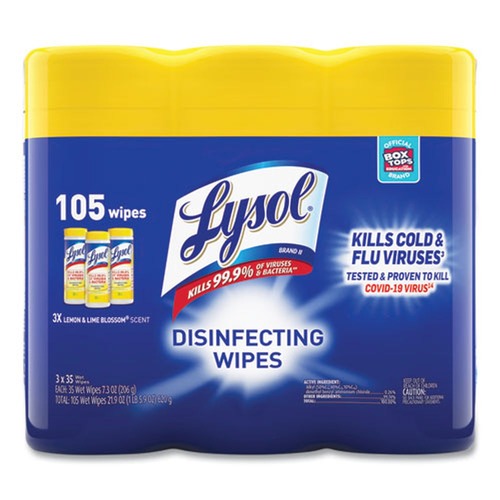 Hand Wipes | LYSOL Brand 19200-82159 7 in. x 7.25 in. 1-Ply Disinfecting Wipes - Lemon and Lime Blossom White (3/Pack) image number 0